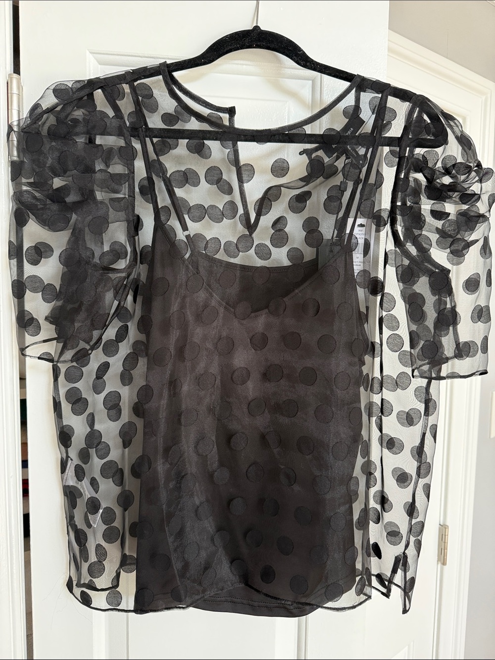 BCBGMaxAzria Black Sheer Polka Dot Overlay Top with Camisole
